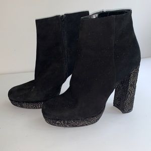 Black suede Lisa Kay bootie floral heel